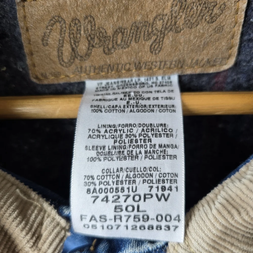 Wrangler Blanket Lined Corduroy Collar Denim Jacket Blue Mens 50L - Picture 6 of 11